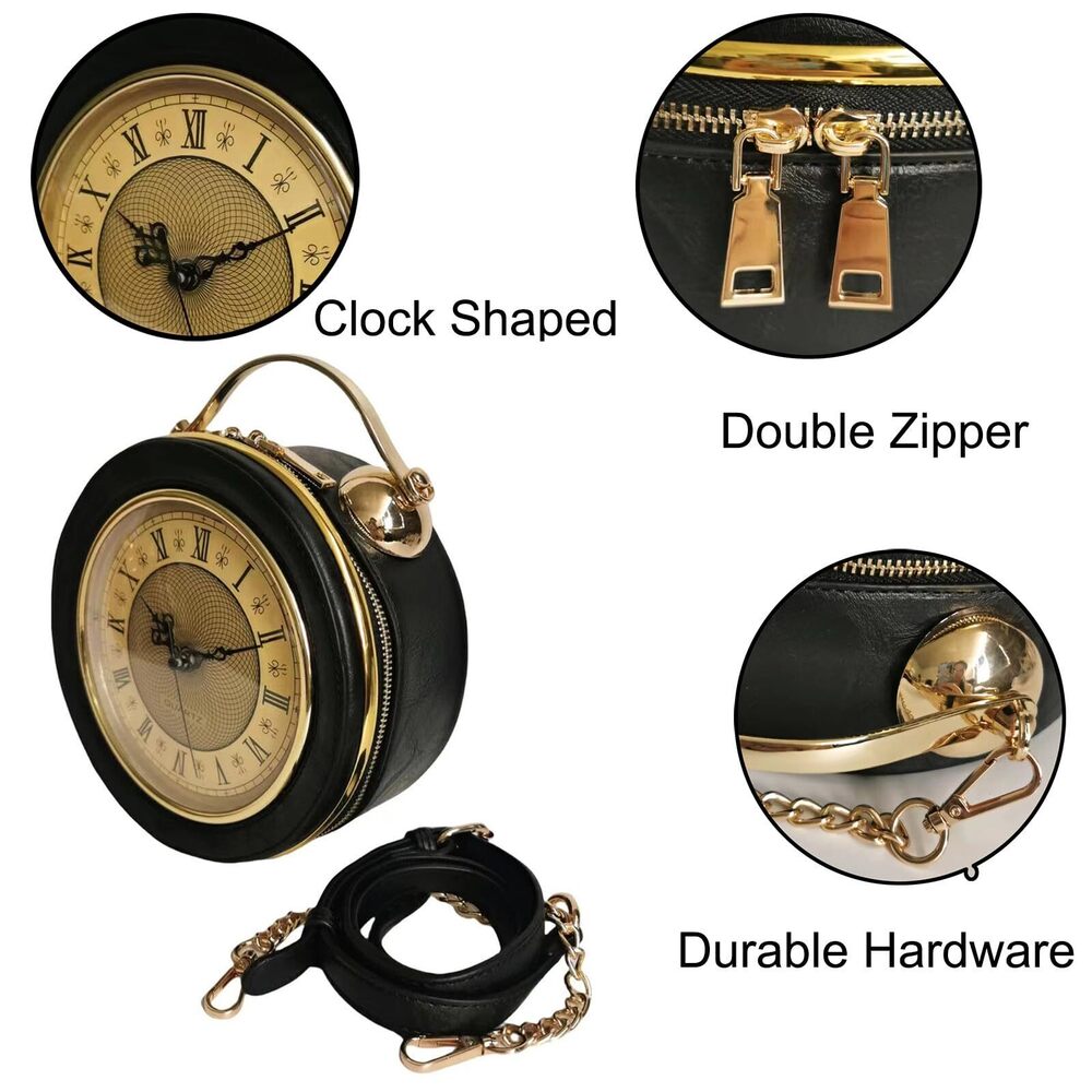 5811 PVC Clock Shaped Handbag Crossbody Shoulder Bag Clock Purse, Black - Picture 6 of 7